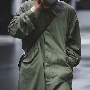 Maden Men's Vintage M51 Fishtail Army Green And Camel Trench Coat Woven Waist Rope Mid-length Oversized Loose Military Coat 201211