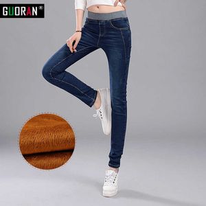 Vinter jeans kvinnlig hög midja denim byxor varma byxor femme smal tjock stretch fleece blyerts mager kvinnor 210608