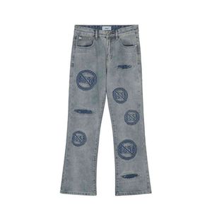2021 Vouge Patch Embroidery Hole Ripped Wash Men Flare Jeans Pants Distressed Retro Straight Baggy Denim Trousers Pantni Uomo T220803