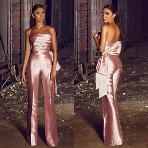 2022 Rose Gold Prom Dresses Jumpsuit Elastic Satin Sleeveless Bow Strapless Custom Made Plus Size Evening Party Gown Vestidos Formellt tillfälle slitage B0804G03
