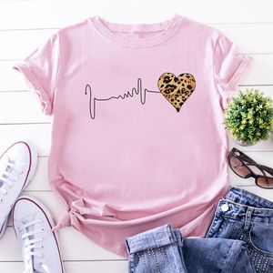 T-shirt feminino verão novo 90 Leopard Heartbeat Sleeve Print Roupes Mulheres Tshirt Harajuku Top gráfico