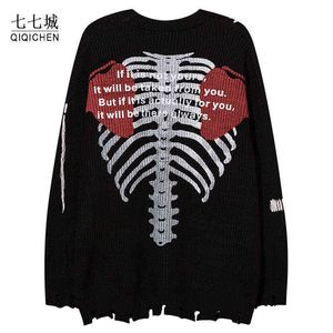 Gat Gebreide Truien Mannen Skelet Brief Patroon Truien Trui Mode Harajuku Casualized streetwear punk trui nieuwe t220730