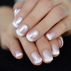 False unhas cromadas francês rosa clara de unha curta e brilhante Dicas pré-projetadas 24 PCs Prud22