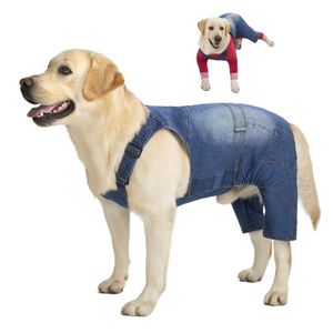 Miaododo Medium Stora hund jeans Jumpsuit overaller för hundar denim kläder kostymer blå vintage tvättade hundbyxor klassisk jacka 210401