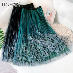TIGENA Vintage 3 Layers Mesh Long Skirt Women Autumn Fahsion Leapard Print A Line High Waist Pleated Female Green 220317