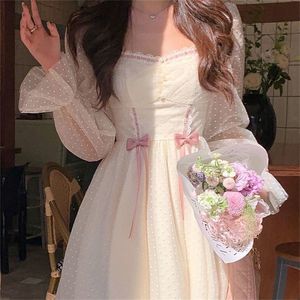 Autumn Elegant Princess Dress Women Sweet Dot Party Long Sleeve Fairy Female Casual Vintage Korean Kawaii Mini 220613