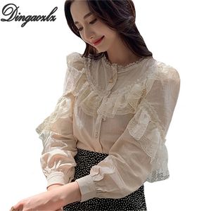 Dingaozlz Moda de manga longa Tops de renda elegante costura de renda feminina Blusa casual nova camisa coreana LJ200812