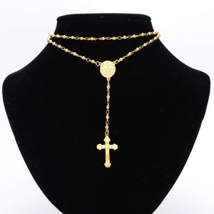 Chains Granny Chic 4/6/8mm Mens Womens Chain Gold Stainless Steel Bead Rosary Jesus Christ Cross Pendant Long Necklace
