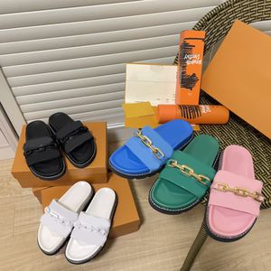 Luis Vuittons Sandaler Designer Män kvinnor tofflor Kudde präglade Big Chain Mule Tjock Sole Plat Heel Scuff Slides Flop Flops Beach Outdoor Size 35-44