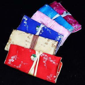 Custom Portable Women Folding Jade Silk Pouch Bag Jewelry Roll Travel Makeup Purse 3 Zipper Pouches Drawstring Craft Bags Gift 60pcs/lot