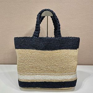 Top-Qualität, 49 cm, Lafite-Grasstroh, gestreift, große Einkaufstasche, tragbare Damen-Strandurlaub-Designer-Umhängetaschen, gewebte Handtaschen