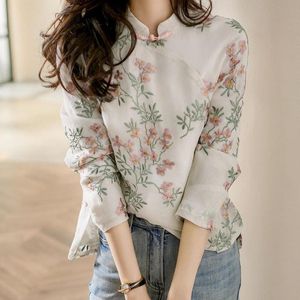 Roupas étnicas Mulheres de manga comprida camisas casuais blusa 2022 estilo mandarim estampar de colarinho floral linho de linho de algodão solto shirte shirte