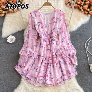 Atopos Floral Eleganckie kobiety szyfonowe sukienki Summer Sundress Ruffle krótkie sukienki Słodkie vestidos żeńska szata kobieta ubranie 220514