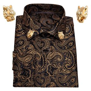 Men's Dress Shirts Gold Paisley Silk Men Long Sleeve Casual Flower For Barry.Wang Designer Leopard Collar PinMen's