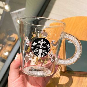 Starbucks Christmas Carnival cold change cup creative cartoon glass with drill handle coffee cup high capacity water cup tide