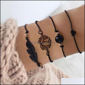 Other Bracelets Jewelry Fashion 4Pcs/Set Gothic Black Feather Lotus Heart Charm Boho Bangles For Women Wrist Chain Dhdke