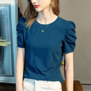 White Short-sleeved Cotton T-shirt Women's Spring and Summer Solid Color Half-sleeve Pleated Puff Sleeve Design Top Women's