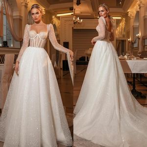 2022 Glitter White Sequined A Line Wedding Dress Long Sleeve Dots Sweetheart Corset Bridal Gowns Sexy Open Back Engagement Dresses Court Train Custom