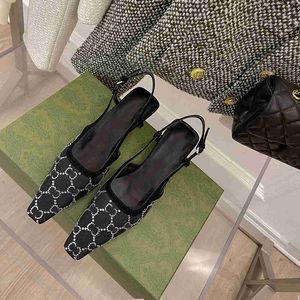 Sexiga Rhinestone Slingback-sandaler Dammodetryck Fyrkantig tå 4,5 cm Designerklackar Mesh sommarskor Yttersula i äkta läder