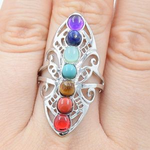 Mücevherat Mücevherat toptan satış-Küme halkaları çakra taş boncuk parmak reiki iyileşme noktası cazibesi ayarlanabilir yoga içi boş metal çiçek kadınlar yüzük mücevher partisi hediye eloi22