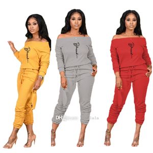 Women Tracksuits Two Piece Set Sportswear 2022 Fashion Casual Off Shoulder Letter Printed T-shirt Long Pants Sports Suit Autumn Clothing