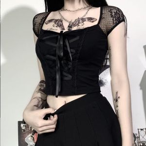 Top da donna T-shirt a rete sexy in pizzo con fasciatura stretta vintage Goth