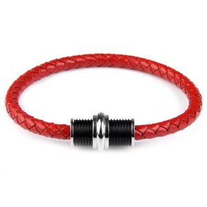 Charm Bracelets Genuine Leather Bracelet Men Stainless Steel Magnetic Clasp Handmade Red Black Bangles Braided