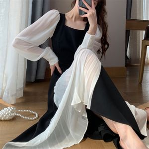 오피스 레이디 블랙 우아한 드레스 여성 프랑스어 빈티지 미디 캐주얼 파티 한국어 패션 가을 세련된 220518