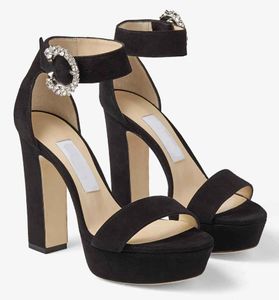 Marca de luxo de verão Mionne Platform Sandals Sapatos !! Sexy Fomen's Pumps Crystal Buckle Block Saltos de Lady Dress Party Wedding EU35-43