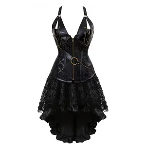 Bustiers Corsetsets steampunk corsário vestido pirata traje de couro bustier lingerie tampo com saia de renda floral assimétrica Conjunto gótico