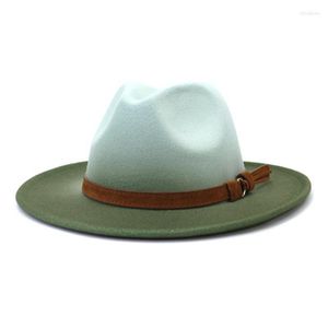 Chapéus de aba larga chapéu feminino fedora gradiente cor vermelha azul de retalhos de retalhos de cinto casual Hip Hop Panamá inverno para mulheres Sombreros de Mujer Oliv2