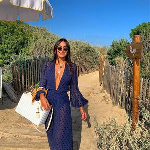 Melphieer Jacquard Navy Beach Dress Long Cover Up Woman Badkläder Bikini Tunic Pareos Robe Plaage Wear Outfit 220524