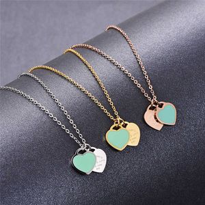 Martick Romantic Europe Style Heart Pendant Necklace Green Pink Color Double Heart Link Chain Necklace For Woman Jewelry