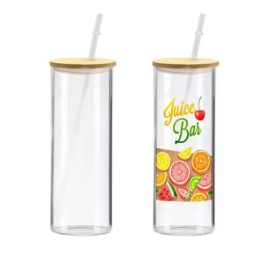 25oz Sublimation Blanks Glass Tumblers With Bamboo Lid And Straw Straight Slim Frosted Clear Can Cups DIY Heat Transfer Designs D3