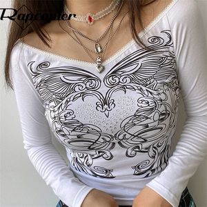 Ropter Floral y2k Crop Top Grunge Fairycore T Shirt White Frill Long Sleeve Pullover Kawaii Autumn Sweet Tee Women 220407