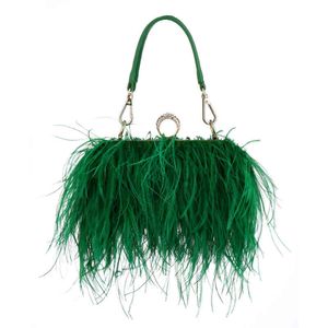 Luxury Ostrich Feather Evening Bags For Women 2022 Chain Shoulder Crossbody Bag Tassel Party Clutch Purse Green Wedding Handbags L220610