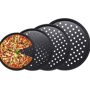 Nonstick de aço carbono pizza pizza bandejas assadeira panela com furos redondo prato profundo placa Bakewave molde forno casa cozinha ferramentas w220425