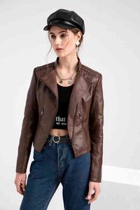 Autumn Winter Pu Faux Leather Jackets Mulheres com manga comprida zíper fino motociclista de couro casaco fêmea fora de moda l220728