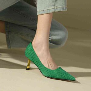 New Spring Autum Women Pums Snakegrain Heeled Shoes Slip on Ladies Pumps 6 5 Cm Career Green Pointed Toe Metal Heel 220520