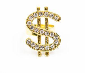 Crystal Dollar Sign Ring för män Kvinnor Kostymtillbehör Pengar Symbol Zirconia Rinestone Open Gold Rings Hip Hop Rapper Punk Costume Props