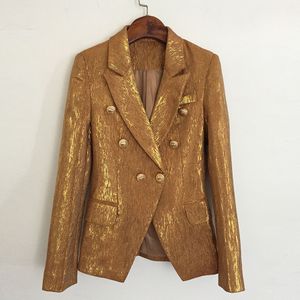 W029 HOCHWERTIGE Bankett-Hochzeits-Modedesigner-Jacke für Damen, Löwen-Metallknöpfe, zweireihiger, schmal geschnittener, schimmernder Gold-Blazer