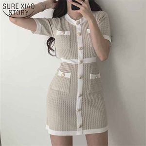Elegant Korean wool Knitted Dress Party Summer Black Slim Button Bodycon Mini Vestido Moda Feminina Ropa Mujer 12105 220418