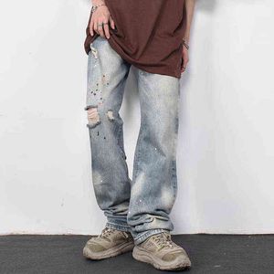 High Street Retro Hole Ripped Frayed Casual Denim Pants Male and Female Straight Washed Harajuku Baggy Jeans Pants Oversized T220803
