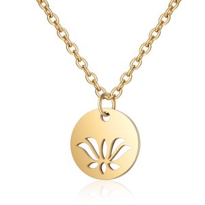 10pcs Stainless Steel Lotus Flower in Round Coin Necklace for Women Femme Minimalist Hollow Open Om Yoga Symbol Charm Pendant Chain Choker Collar Jewelry