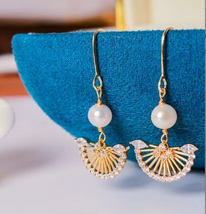 14k Gold Plated Fan Crystal Ear Hook Dangle Chandelier Natural Freshwater Pearl Earrings White Lady/Girl Wedding Fashion Jewelry