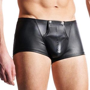 Underpants Sexy Men Boxers Black Patent Leather Open Crotch Faux Lingerie Stage U Convex Pouch Shorts Underwear M/L/XL/XXLUnderpants