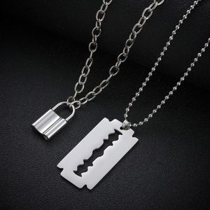 Pendant Necklaces Fashion Stainless Steel Padlock Lock Chain Razor Blade Shaped Punk Choker Women Men Jewelry GiftsPendant