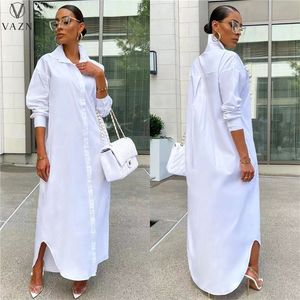 Lüks Tasarımcı Beyaz Şifon Gömlek Uzun Elbise Zarif Genç Rahat Moda Tam Kollu Kadın Düz 220613