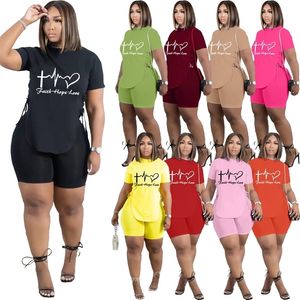 Plus Size S-4XL Women Tracksuits Summer Casual T-shirt SIDA SPLICT Letters Printed Biker Shorts Outfits Ladies Workout Clothes