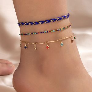 4pcs/sets Boho Blue Rope Anklets for Women Men Lovely Fish Hollow Out Cactus Geometry Leaf Foot Chain Jewelry